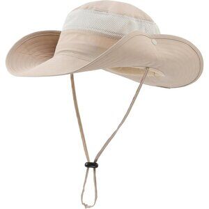 Unisex Light Khaki 100% Polyester Wide Brim Boonie Mesh Chin Strap Bucket Hat